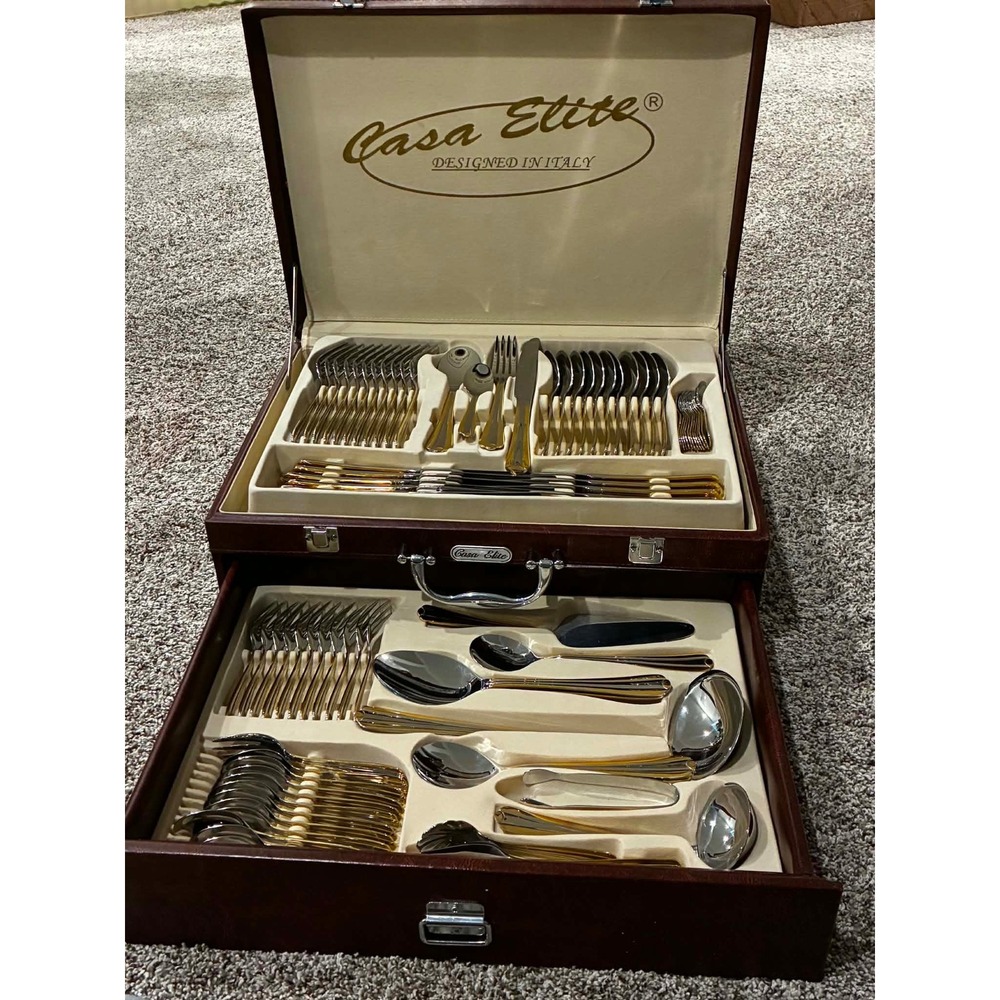 New VTG Casa Elite Italian Designed Two Tone Silver Gold Flatware Set w/ Case 12